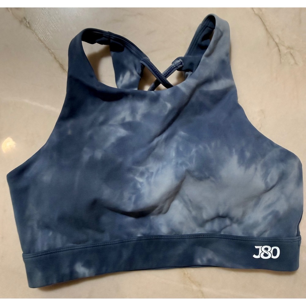 J80 Women's Snatched Blue Tie Dye High Neck Strappy Sports Bra Size Small #144